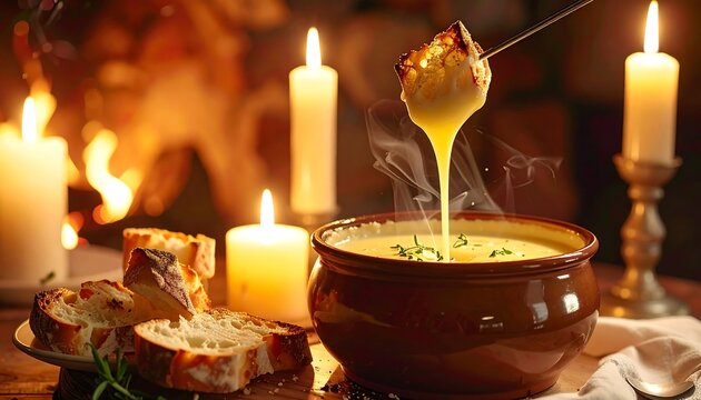 close-up of a single warm melting cheese fondue pot with creamy texture, rising steam, and toasted bread pieces, placed on the left third of the frame with 90% clear copy space on the opposite side fo
