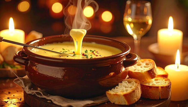 close-up of a single warm melting cheese fondue pot with creamy texture, rising steam, and toasted bread pieces, placed on the left third of the frame with 90% clear copy space on the opposite side fo
