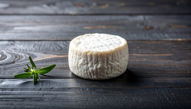 close-up of a single round artisanal cheese wheel with a velvety white bloomy rind and fine granular texture, placed on the center-right of a dark wooden plank surface with ample copy space on the lef