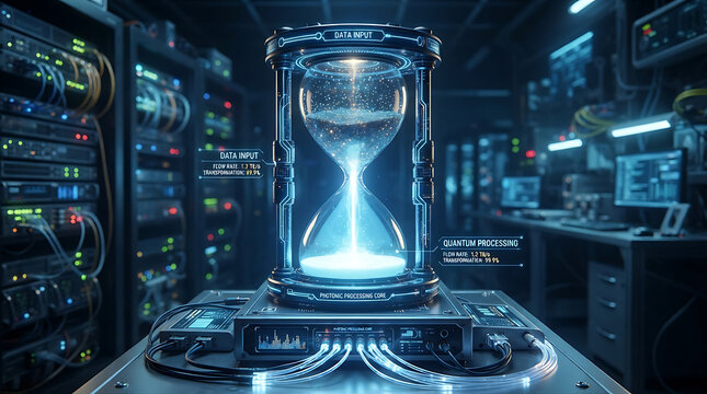 Floating hourglass with glowing sand inside futuristic server room showcasing digital time measurement