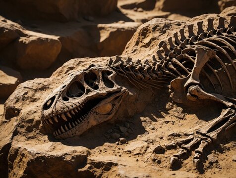 Close up of ancient dinosaur fossil skeleton embedded in rocky terrain. Paleontology researcher finds prehistoric animal bones during excavation at desert site. Scientific discovery of extinct