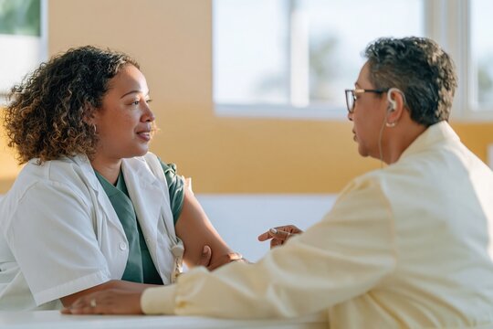 Black woman and South Asian nurse in an open conversation within a sunlit clinic for immunization and public health campaigns