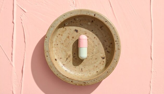 close-up of a single medical pill capsule with a smooth matte texture and soft gelatin surface, placed in a ceramic bowl on the right third of the frame with 90% clear copy space on the opposite side 