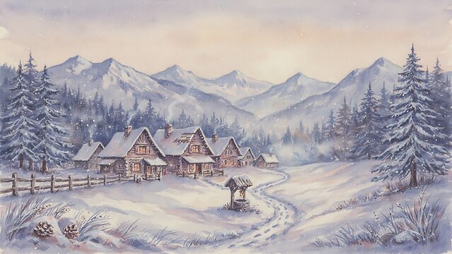 An enchanting watercolor illustration shows a quiet alpine hamlet with snow-dusted wooden homes and a stone water well, created with generative AI.
