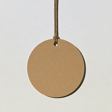 Blank round kraft gift tag hanging from a twine string, textured recycled paper mockup for packaging and labels with copy space