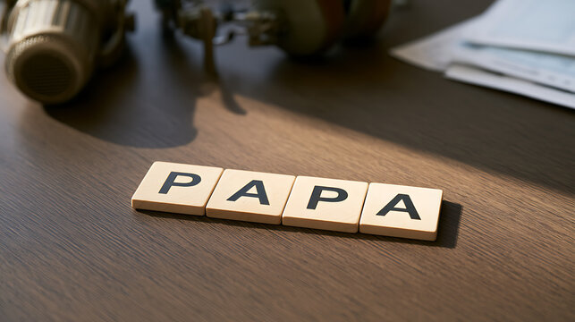 Wooden letter tiles spelling the word papa arranged neatly on a dark wooden desk surface with office equipment in soft natural light
