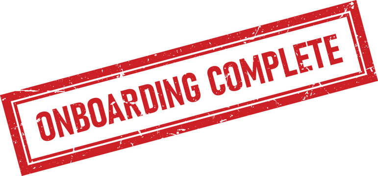 Red rubber ink stamp with the text Onboarding Complete inside a rectangular weathered grunge frame border
