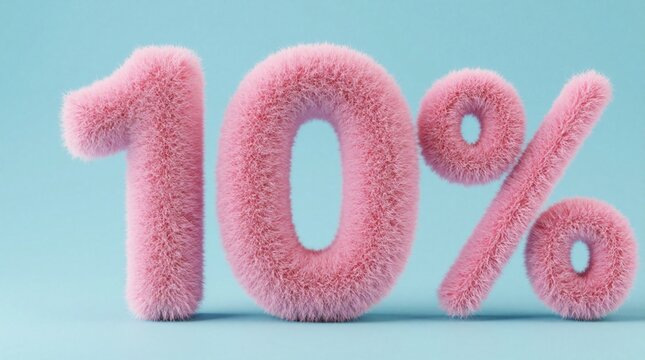 Soft pink fuzzy numbers form 10 symbol against light blue backdrop. Represents sales, discounts, offers, price reduction, and deals with modern playful graphic style.
