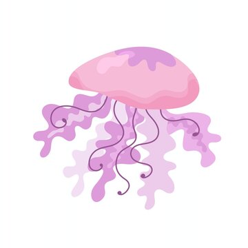 a pink and light purple jellyfish with wavy tentacles flat vector cartoon illustration