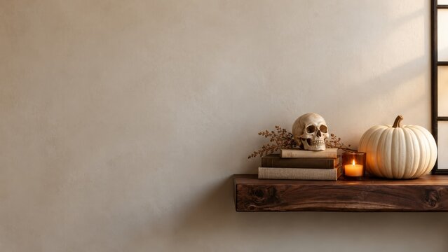Halloween still life with skull, books, pumpkin and candle