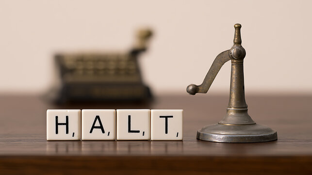 Vintage desk objects with letter tiles spelling the word halt and an antique metal device on wooden surface in retro office setting
