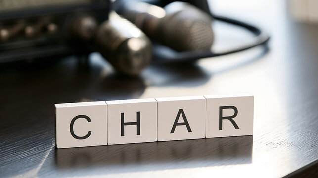 Wooden blocks spelling char on a dark wooden desk surface with blurry audio microphones and amplifier in the background for music setup