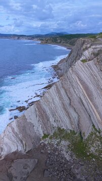 Aerial view from a drone of the Flysch of Bizkaia on the Cantabrian Sea coast between Algorta and Bakio. Province of Bizkaia. Basque Country. Spain. Europe.