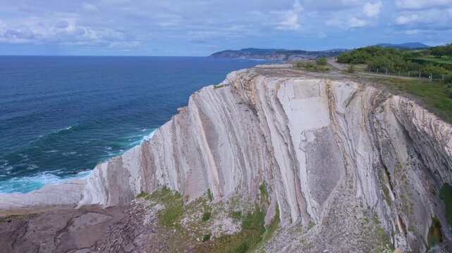 Aerial view from a drone of the Flysch of Bizkaia on the Cantabrian Sea coast between Algorta and Bakio. Province of Bizkaia. Basque Country. Spain. Europe.