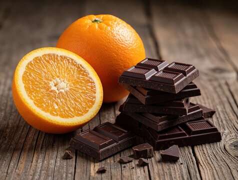 Half sliced juicy orange and dark chocolate stack on rustic wood. Sweet bitter dessert contrast with fresh citrus fruit, good for recipes and food blogs.