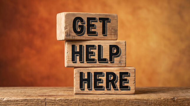Wooden blocks stacked spelling get help here message
