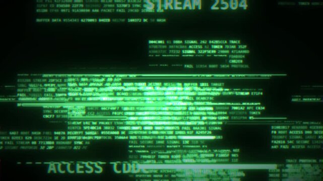 Digital Glitch Stream, green data code on a dark screen, abstract technology background, cyber security and hacking concept, access code 4k