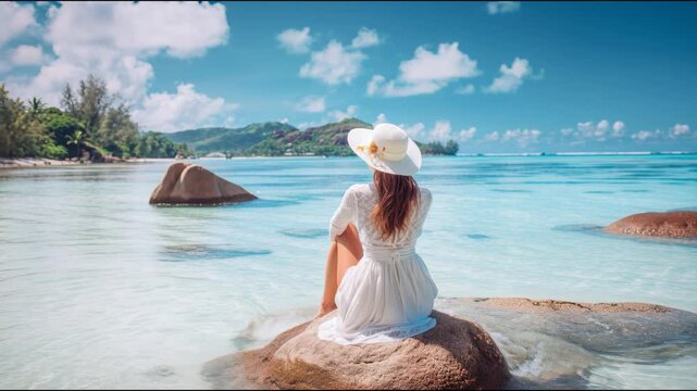 Beautiful woman sitting on a rock in shallow turquoise water looking at a tropical island