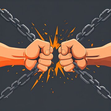 Two clenched fists breaking metal chain with explosive burst