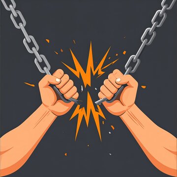 Strong arms snapping steel chain apart with vivid orange explosion