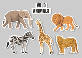 Obraz premium Cute cartoon wild animals sticker set featuring elephant, giraffe, lion, zebra, and tiger. Isolated vector elements for design and kids projects