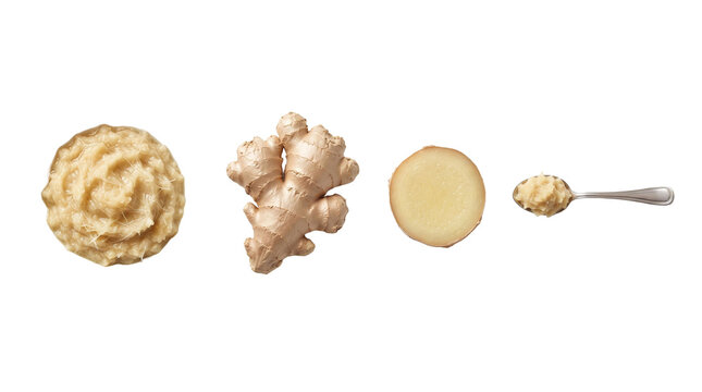 Fresh ginger root with mashed ginger puree and sliced ginger on white background ginger spice culinary herb white background