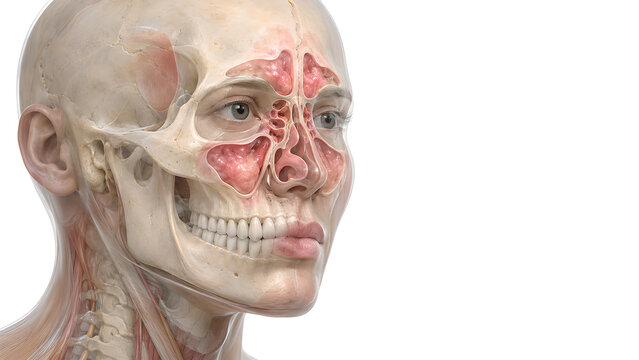 Paranasal Sinusitis With Subtle Mucosal Inflammation and Swelling in a Photorealistic Anatomical Cutaway on White Background for Medical Education, Patient Awareness, and Healthcare Communication