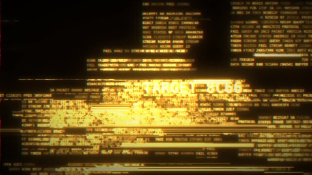 Digital Glitch Effect, abstract data error with flickering orange and yellow text, corrupted computer screen, cyber security threat, technology malfunction background 4k