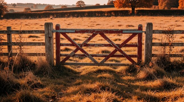 Old red wooden gate stands in rustic field. Farm entrance with timber fence in autumn countryside. Rural landscape with meadow, hedge during fall season. Golden sunlight shines on pasture land under