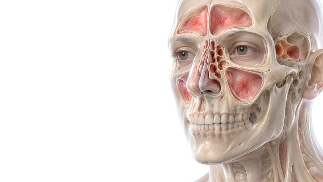 Paranasal Sinusitis With Subtle Mucosal Inflammation and Swelling in a Photorealistic Anatomical Cutaway on White Background for Medical Education, Patient Awareness, and Healthcare Communication