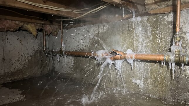 Burst copper water pipe spraying water in a cold basement with ice formations on the plumbing