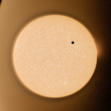 Stellar disc with granulation texture and a small black exoplanet in transit, a luminous astronomical scene for science communication and evidence