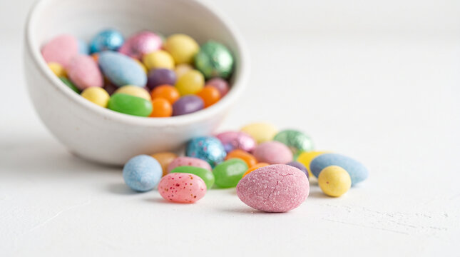 Pastel colored Easter candy scattered around a white bowl  
