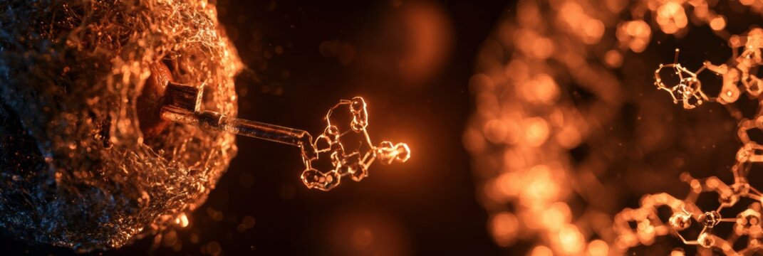 Aged cell structure on the left is being reprogrammed by glowing molecular keys. Youthful gene expression patterns appear on the right.