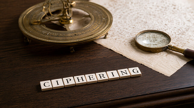 Vintage astrolabe navigation tool with old paper map, magnifying glass, and wooden tiles spelling cipher on a dark wooden office desk