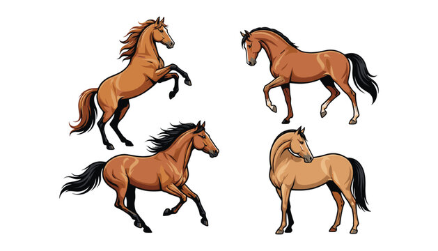 Beautiful horses vector illustration set featuring realistic brown stallions running trotting standing and rearing in active dynamic poses