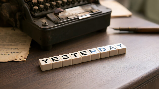 Vintage typewriter with letter blocks spell out yesterday on a wooden office desk create nostalgic mood for historical memory stories