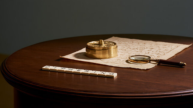 A vintage wooden table displays a brass cipher device, old parchment manuscript text, magnifying glass, and letter tiles spelling code word