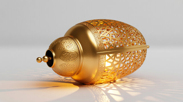 Horizontal Lying Golden Moroccan Lantern with Warm Light Projection for Eid and Ramadan