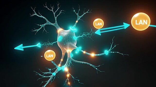 Modern network infrastructure illustration showing lan connections between digital neuron nodes with glowing data pathways