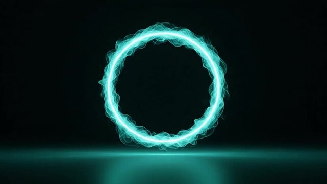 A glowing cyan ring floats against a dark background