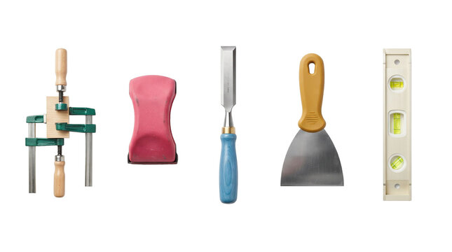 Collection of various hand tools for woodworking and repair isolated on white background with putty knife, spirit level white background