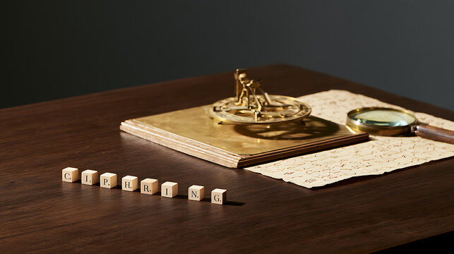 Vintage desk setting featuring a brass astrolabe instrument, magnifying glass, old manuscript document, and wooden letter blocks spelling cipher