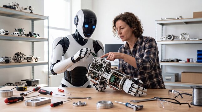 Female Engineer Working Alongside an Advanced Humanoid Robot to Assemble and Repair Sophisticated Robotic Parts in a Modern Laboratory