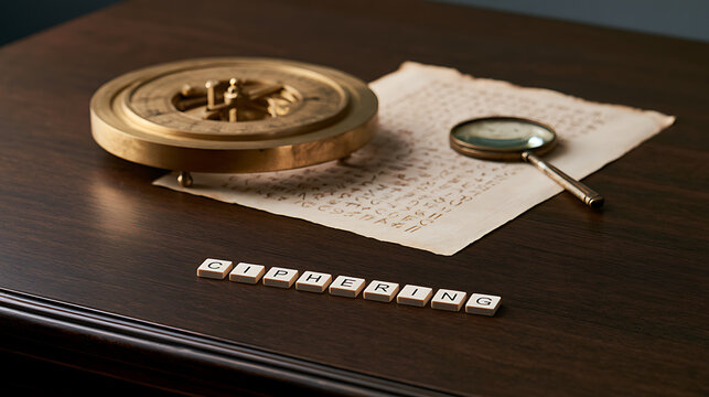 Vintage cipher puzzle setup with antique brass astrolabe instrument, magnifying glass, old manuscript document on dark wooden table desk
