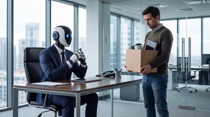 Fototapeta premium A Conceptual Business Photograph Featuring a Sad Employee Being Let Go by an Artificial Intelligence Robot Manager in a Modern Office Setting