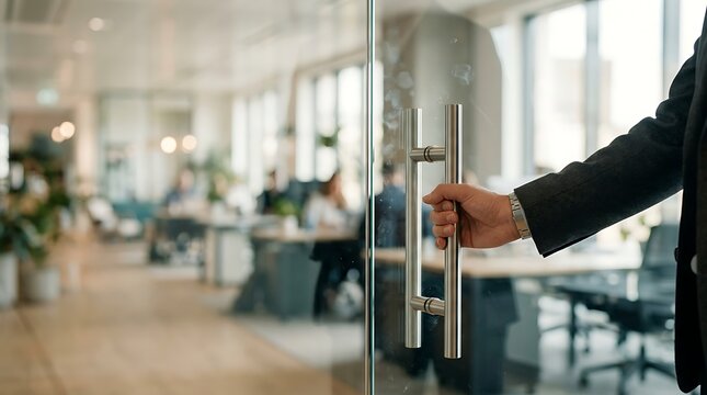 Business professional hand pulling open a modern glass office door handle with opening door entering office business entry glass partition corporate environment office space