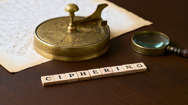 Vintage cryptography tools with a brass cipher disk, magnifying glass, and wooden letter tiles spelling a secret message on a table