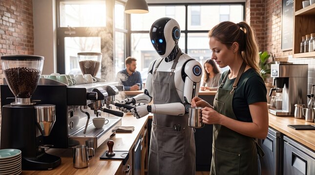 Human Barista Training Advanced Robot Sidekick to Prepare Professional Specialty Coffee in a Modern Industrial Style Downtown Coffee Shop