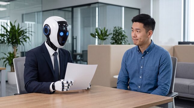 A Professional Humanoid Robot In A Formal Business Suit Conducts A Job Interview With An Attentive Human Applicant In A Modern Office